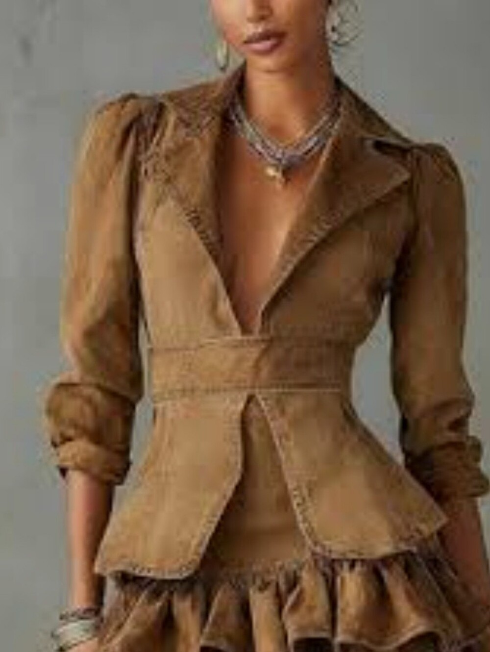 Yohers Brown Pure Grace Mini Dress with Tailored Peplum and Puff Sleeves